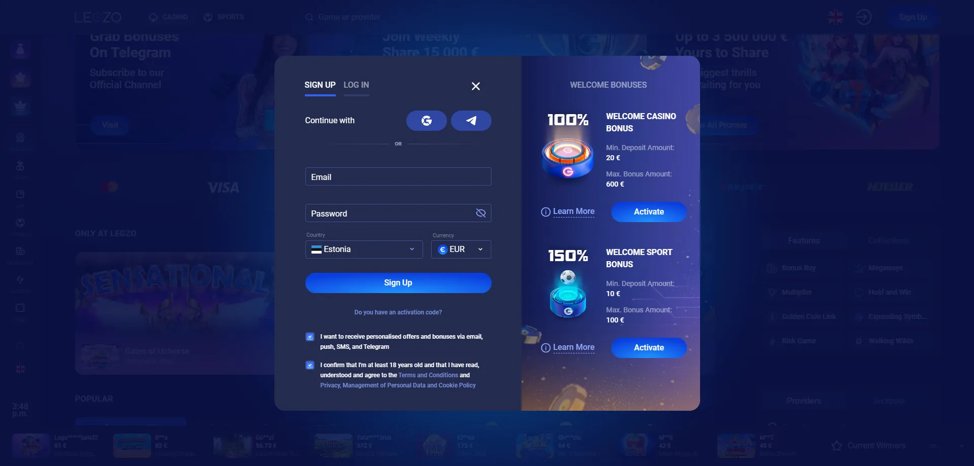 Legzo Casino registreerumine – konto loomine sammhaaval
