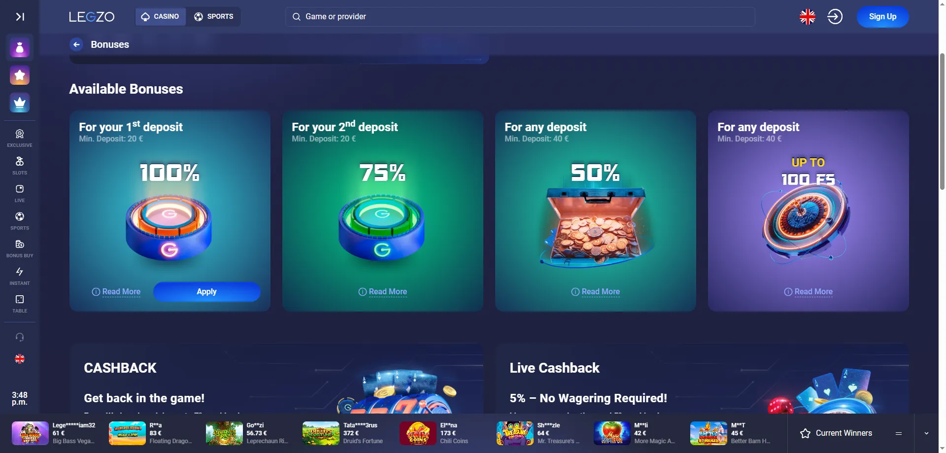 Legzo Casino tervitusboonus kuni 900 eurot ja tasuta spinnid