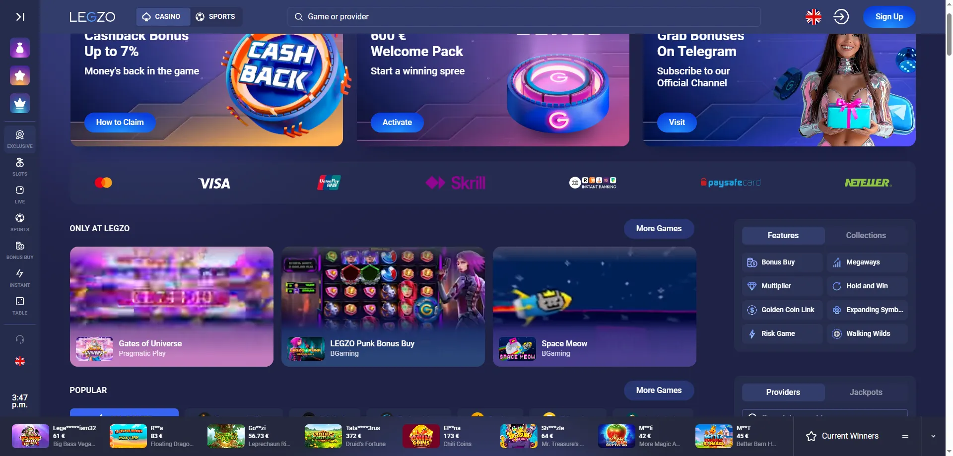 Legzo Casino sissemaksed ja väljamaksed – kiired maksevõimalused